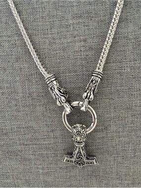 Intricate Silver-Tone Viking Hammer Necklace with Ring Detail